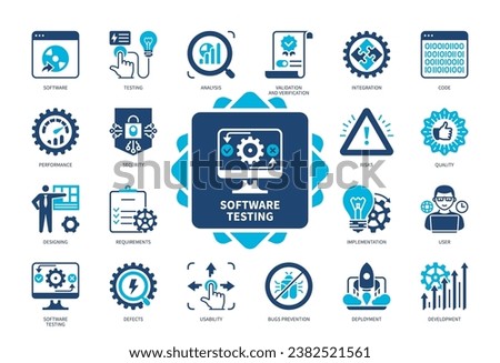 Software Testing icon set. Code, Integration, Bugs Prevention, Quality, Security, Requirements, Development, Usability. Duotone color solid icons