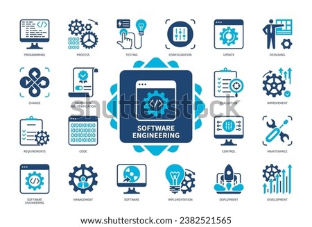 Software Engineering icon set. Maintenance, Designing, Software, Programming, Deployment, Implementation, Verification, Update, Testing. Duotone color solid icons
