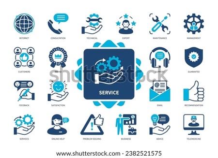 Service icon set. Support, Online Help, Maintenance, Advice, Consultation, Expert, Brand, Guarantee. Duotone color solid icons