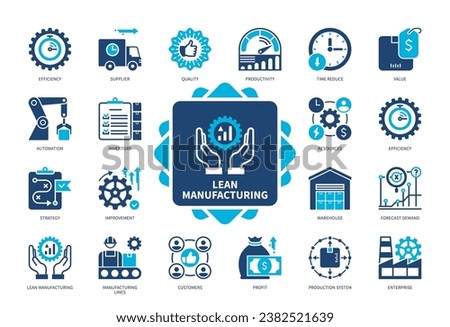 Lean Manufacturing icon set. Enterprise, Quality, Value, Time Reduce, Customers, Manufacturing Lines, Supplier, Profit. Duotone color solid icons