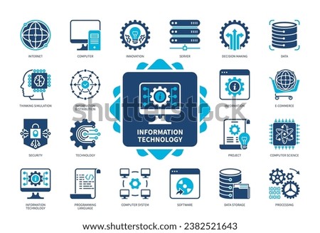 Information Technology icon set. Decision Making, Innovation, Information, Software, Data Storage, Security, Internet, Processing. Duotone color solid icons