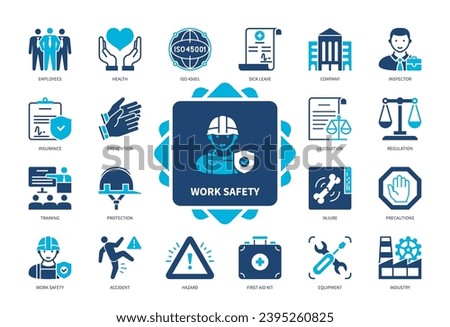 Work Safety icon set. Protection, Hazard, First Aid Kit, Precautions, Health, Equipment, Training. Duotone color solid icons