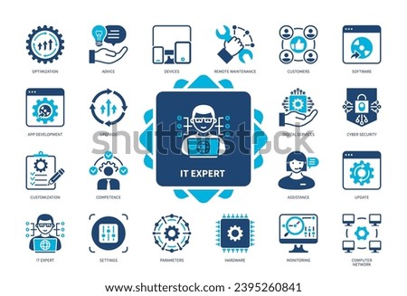 IT Expert icon set. Settings, Computer Network, Customization, Software, Remote Maintenance, Assistance, Customers, App Development. Duotone color solid icons