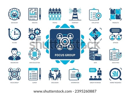 Focus Group icon set. Products, Services, Survey, Group Interview, Analysis, Sociology, Market Research, Viewpoint, Data Collection. Duotone color solid icons