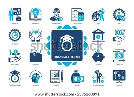 Financial Literacy icon set. Knowledge, Spending, Management, Business, Savings, Efficiency, Income, Planning. Duotone color solid icons