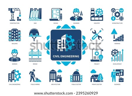 Civil Engineering icon set. Design, Working, Maintenance, Construction, Environment, Architecture, Infrastructure, Industry. Duotone color solid icons