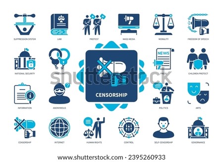 Censorship icon set. Governance, Control, Suppression System, Internet, Information, Self-Censorship, Human Rights, Mass Media. Duotone color solid icons