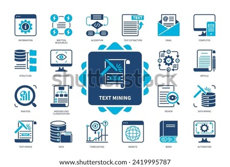 Text Mining icon set. Written Resources, Data Mining, Text Extraction, Algorithm, Analysis, Process, Article, Forecasting. Duotone color solid icons