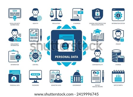 Personal Data icon set. Information, Biometric Data, Regulation, Identity, Social Security Number, Privacy, Password, Control. Duotone color solid icons