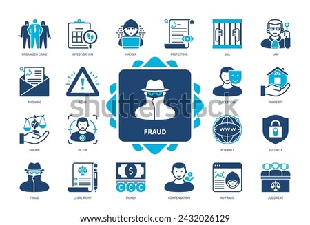 Fraud icon set. Deception, Legal Right, Internet, Security, Property, Scam, Victim, Organised Crime. Duotone color solid icons