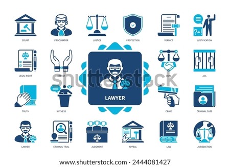 Lawyer icon set. Procurator, Verdict, Jurisdiction, Appeal, Legal Rights, Criminal Case, Justification, Court. Duotone color solid icons