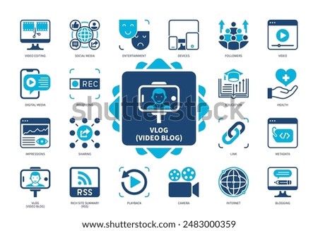 Vlog, Video Blog icon set. Impressions, Metadata, Blogging, Playback, Recording, Sharing, Followers, Digital Media. Duotone color solid icons