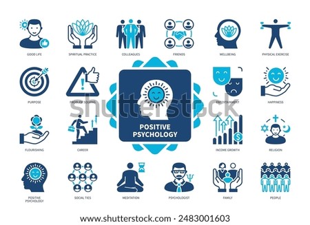 Positive Psychology icon set. Good Life, Flourishing, Psychologist, Family, Religion, Purpose, Social Ties, Colleagues, Meditation. Duotone color solid icons