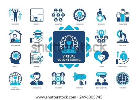 Virtual Volunteering icon set. Social Ties, Disability, Charity, Remote Work, Crowdsourcing, Fundraising, Teamwork, Targets. Duotone color solid icons