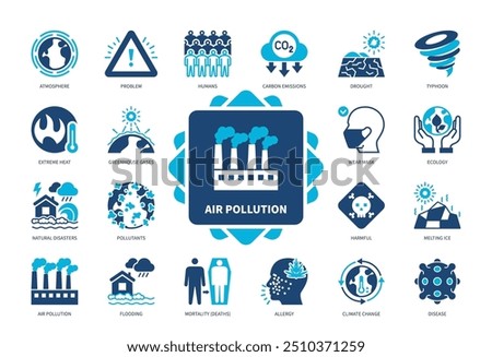 Air Pollution icon set. Atmosphere, Typhoon, Allergy, Harmful, Pollutants, Greenhouse Gases, Extreme Heat, Disease. Duotone color solid icons