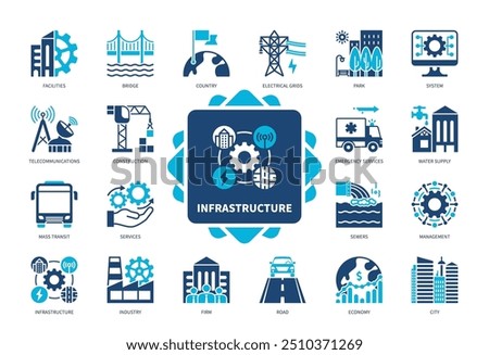 Infrastructure icon set. Facilities, Water Supply, Sewers, Roads, Industry, Mass Transit, Telecommunications, City. Duotone color solid icons