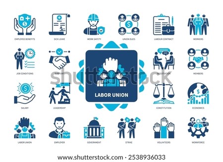 Labor Union icon set. Union Dues, Workforce, Job Conditions, Employee Benefits, Members, Constitution, Workforce, Employer. Duotone color solid icons