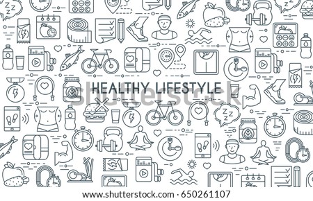 Healthy lifestyle banner. Design template with thin line icons on theme fitness, nutrition and dieting. Vector illustration 商業照片 © 