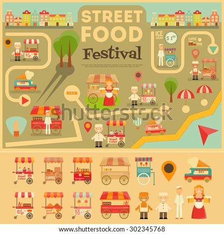 Street Food on City Map. Food carts on Infographic Card. Sellers and Trucks with Food. Vector Illustration.