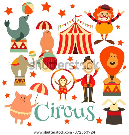 Circus Entertainment Symbols Icons Set. Cartoon Style. Circus Animals ...