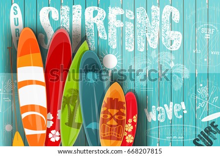 Surfing Poster in Vintage Style for Surf Club or Shop. Surfboards with Different Designs and Sizes on Blue Wooden Background. Vector Illustration.