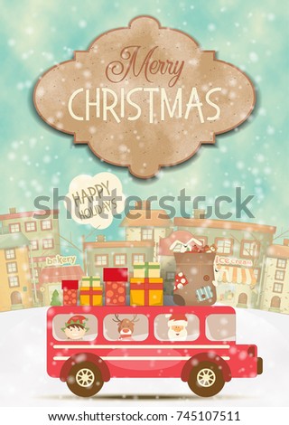 Merry Christmas Greeting Card - Xmas Bus with Cute Holidays Characters on Winter Town. Vector Illustration. Vertical Format.