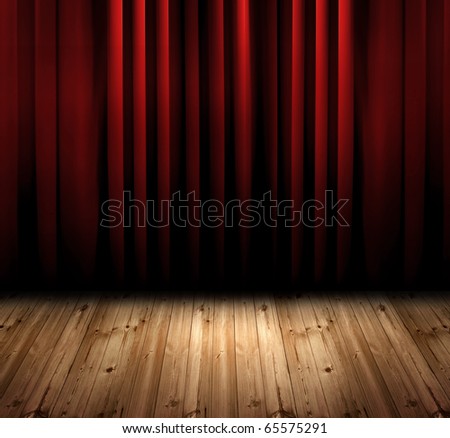 red curtain with oak floor