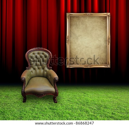 Red curtain room with vintage frame and retro leather chair