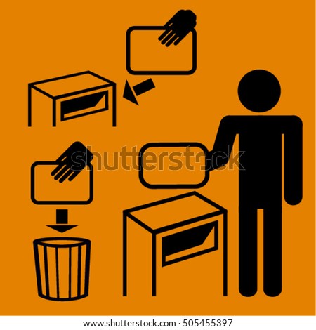 Sign of person throwing a tray in a bin. Vector. Icon. 