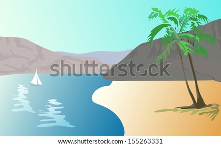Illustration  of tropical landscape -    beach with palm trees. Raster version.