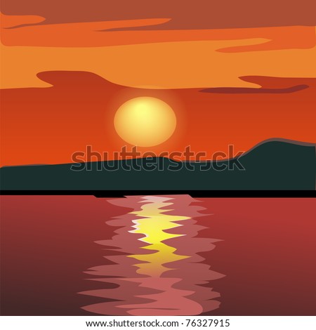 Sunset And Mountain Silhouette From The Sea. Vector Illustration ...