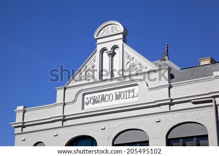 PERTH, WESTERN AUSTRALIA - JULY 12, 2014: The pediment of Subiaco Hotel in Perth, Western Australia, is a splendid example of the fine colonial architecture of the city.