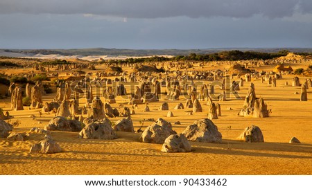An overview of part of the Pinnacles Desert in the heart of the Nambung National Park, Western Australia.