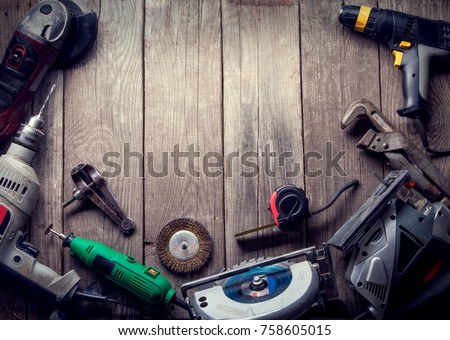 Electric hand tools (screwdriver Drill Saw jigsaw jointer) top view, photo processing: instagram Сток-фото © 