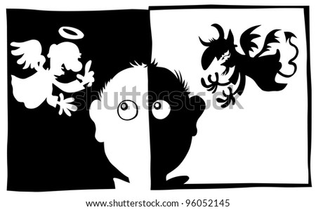 Good and Bad, Angel and Demon characters in silhouette.