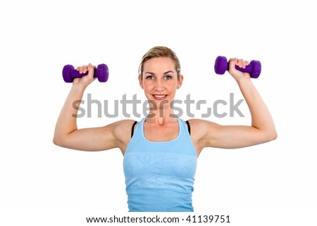 Lady doing fitness exercises isolated on white