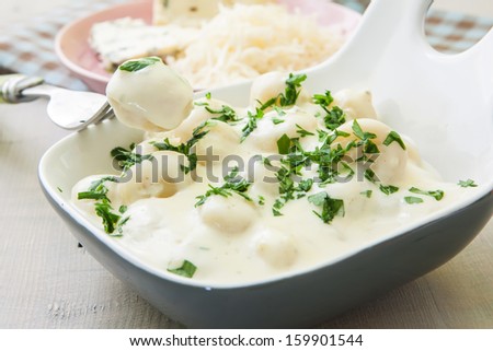 italian potato noodle with cheese sauce and basil