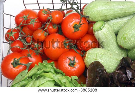 diferents fresh vegetables on iron basket with drops