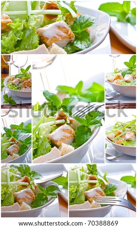 collage of caesar salad with sauce and chicken