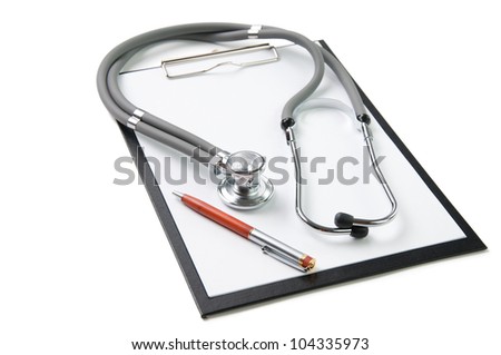 Healthcare and medicine concept: writing pad and stethoscope isolated over white