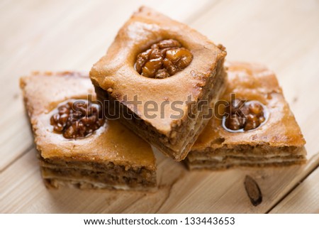 Baklava: asian cuisine made of pastry, chopped nuts and honey
