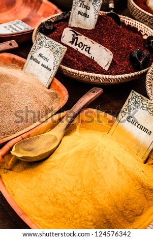 Colorful tika powders on indian market, India , Asia  ( HDR image )