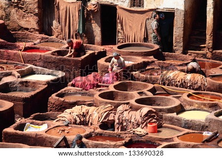 Tanneries of Fes, Morocco, AfricaOld tanks of the Fez\'s tanneries with color paint for leather, Morocco, Africa