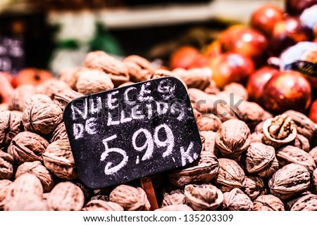 Fruits stand in La Boqueria market, Barcelona Spain