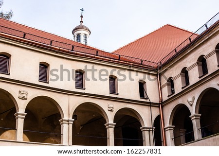 Courtyard castle arcades Pieskowa Skala , medieval building near Krakow, Poland