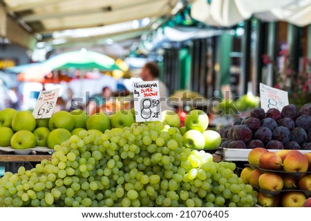 Grapes for sale in a basket on a open air market stall Grapes for sale in a basket on a open air market stall in Poland.