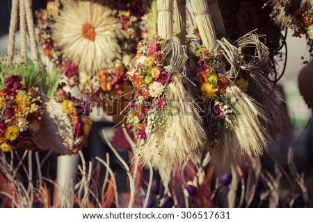 Various Dried and Colored Plants and Flowers for Home Decoration, Sold in the Street Market inSuwalki, Poland.