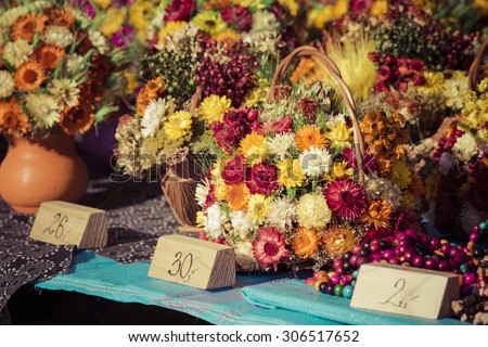 Various Dried and Colored Plants and Flowers for Home Decoration, Sold in the Street Market in Suwalki, Poland.