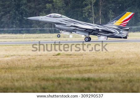 RADOM, POLAND - AUGUST 23: Belgian Air Force F-16 makes its show during Air Show Radom on August 23, 2015