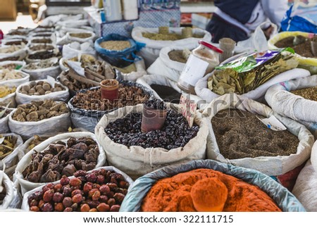 Beautiful vivid oriental market with bags full of various spices in Osh Kyrgyzstan.